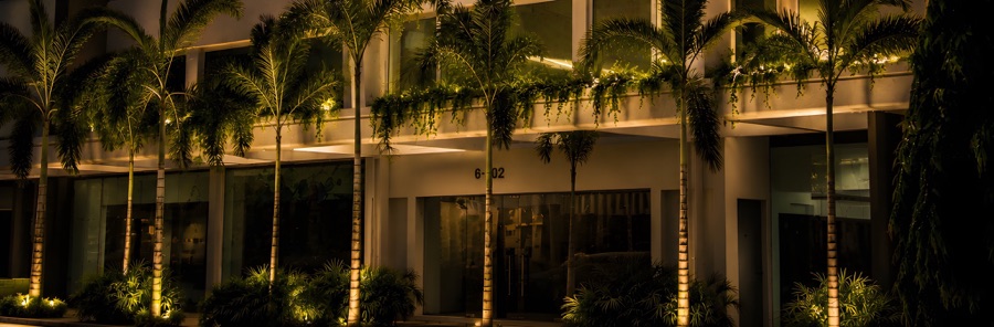 The Blu Hotel's façade at night: lit palm trees and plants hanging from the balcony